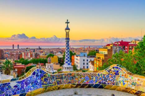 Panoramic image of Park Güell in Barcelona, Spain at sunset