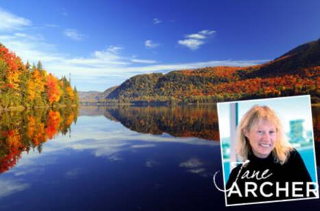 Jane Archer photo over a panoramic image of Canada in the fall