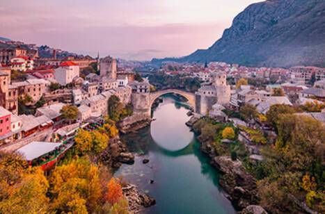 A panoramic view of magical Mostar at dusk