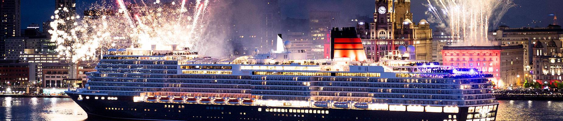 Fireworks over Queen Anne as she docks in Liverpool