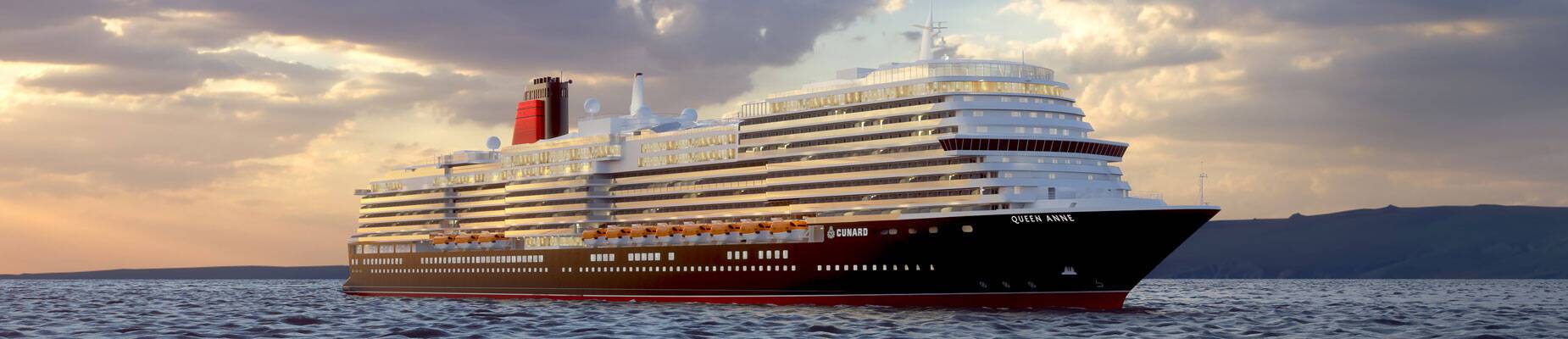 A panoramic image of Queen Anne, Cunard, at sea
