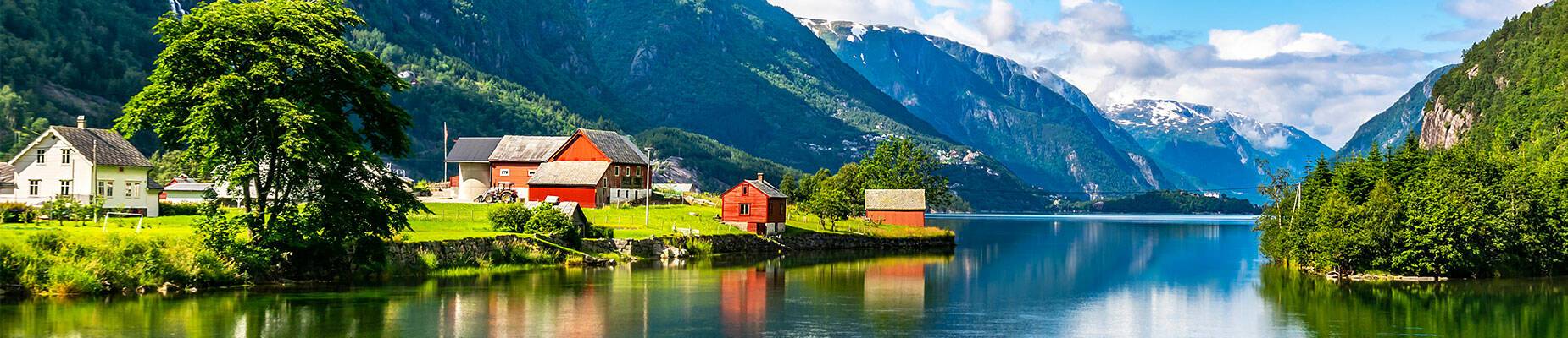 A little red hut on a Norwegian fjord