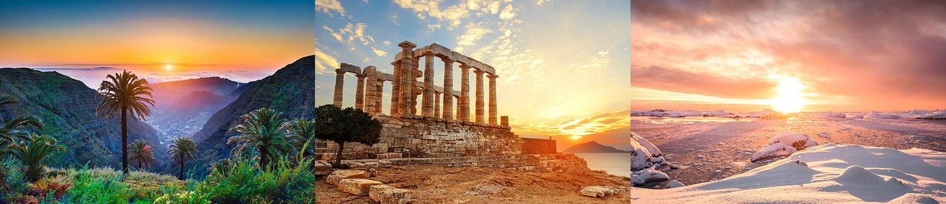 A collage of images including the Canary Islands, Greece and Antarctica