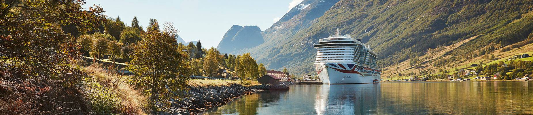 A cruise ship docked in a Norwegian fjord
