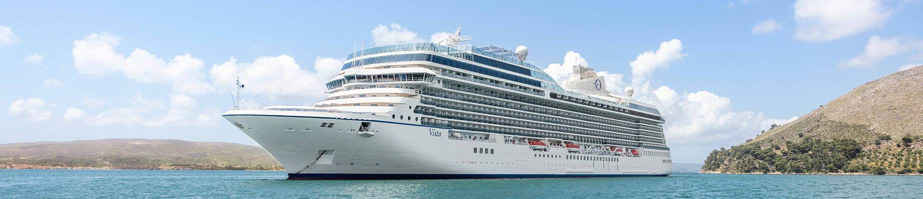 A cruise ship docked at sea