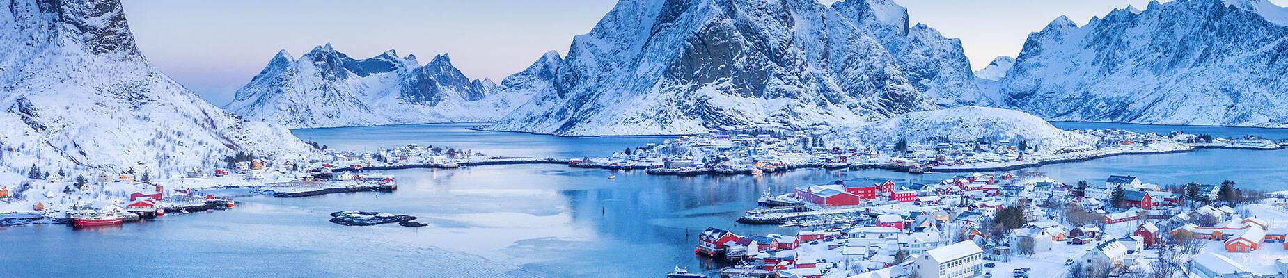 An aerial view of snowy Reine