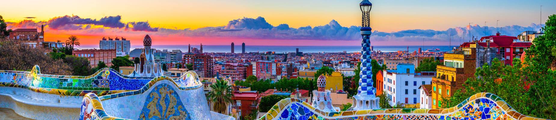 Panoramic image of Barcelona skyline at sunrise