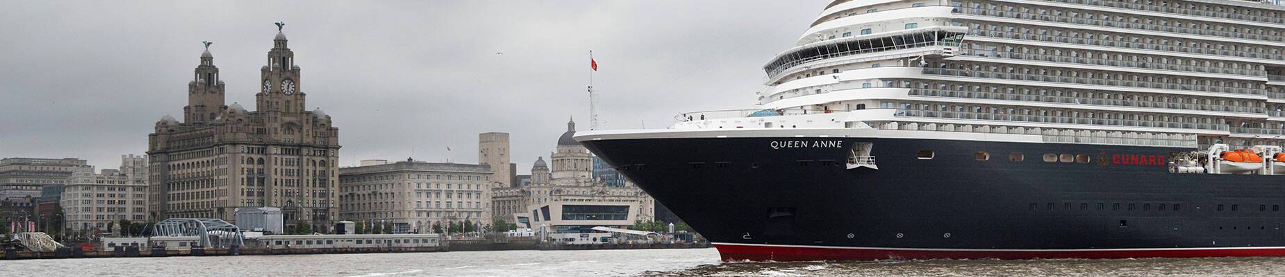 Queen Anne sailing along the River Mersey before arriving in Liverpool