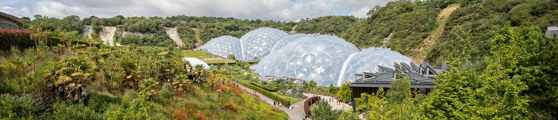 A panoramic view of the Eden Project’s biodomes