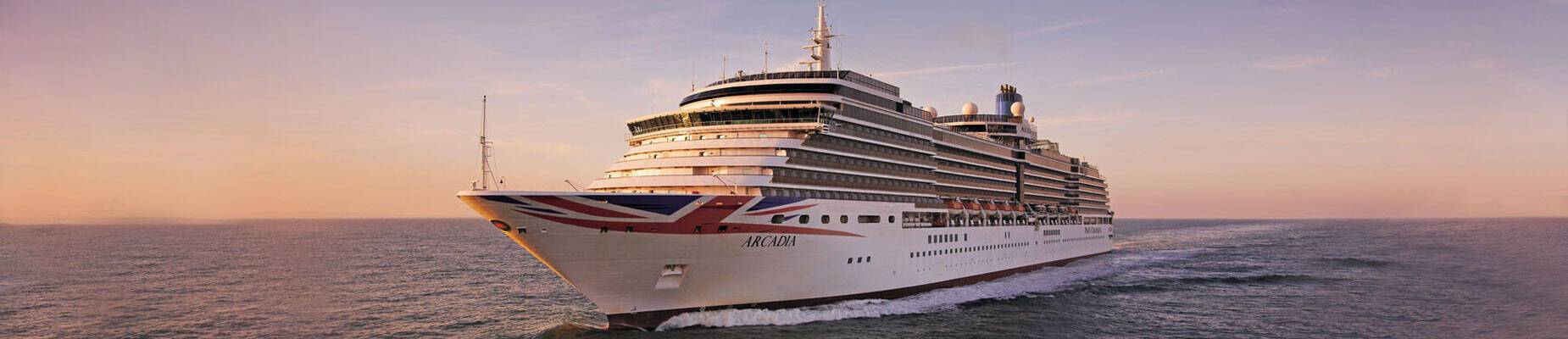 Panoramic image of Arcadia at sea at sunset