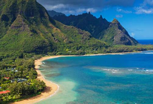 Aerial view by drone of tunnels beach, haena state park, kauai island, hawaii, united states of america, north america