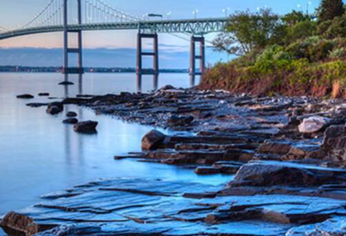 A panoramic view of Newport bridge at dusk