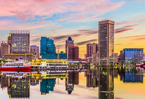 A panoramic view of Baltimore at sunset