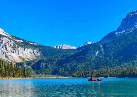 A panoramic view of Banff National Park from the water