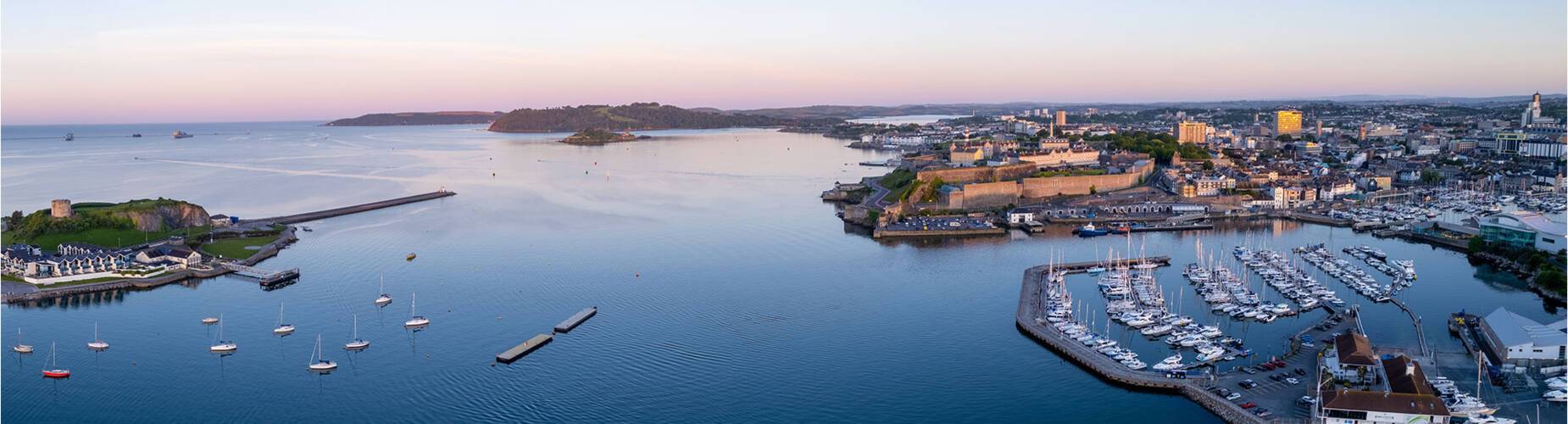A panoramic aerial shot of Plymouth
