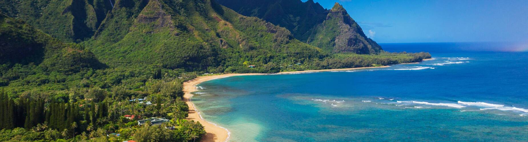 Aerial view by drone of tunnels beach, haena state park, kauai island, hawaii, united states of america, north america